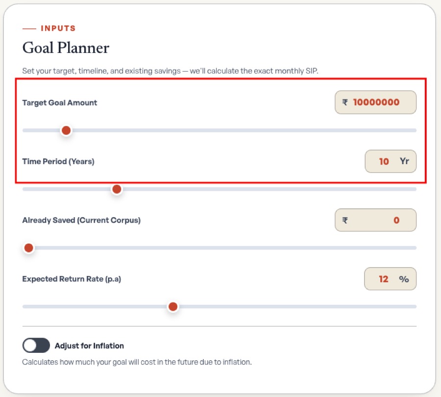 Goal SIP calculator step 1 — input fields showing target amount ₹1 crore, 10-year timeline, and existing corpus